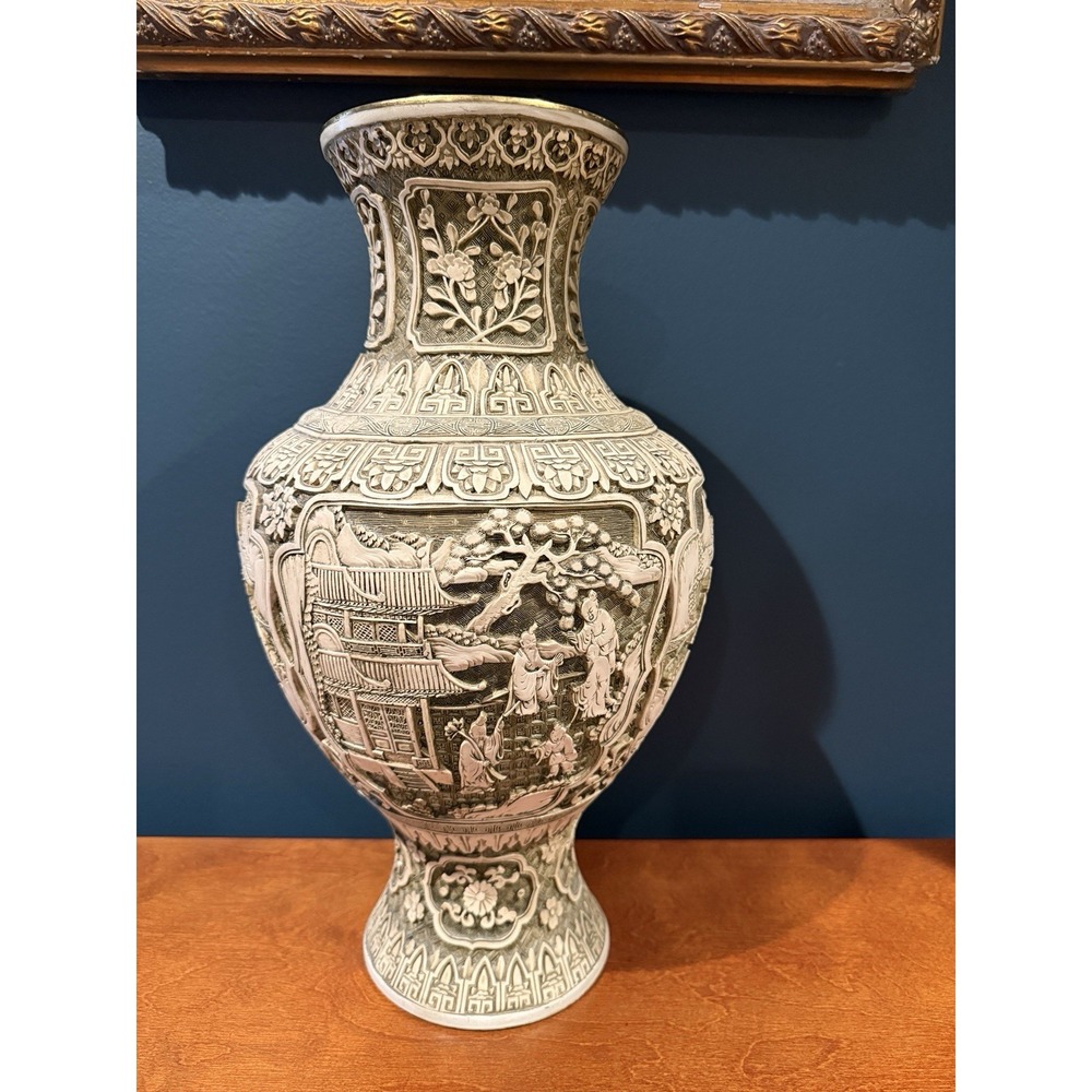 Vintage Off White Chinese Story Vase Carved Plaster Flower Urn 18.25"x 10.5"